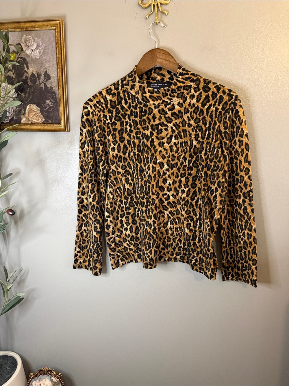 Jones New York Signature Leopard Print Mock Neck Top Women’s Large 100% Cotton - Picture 2 of 7